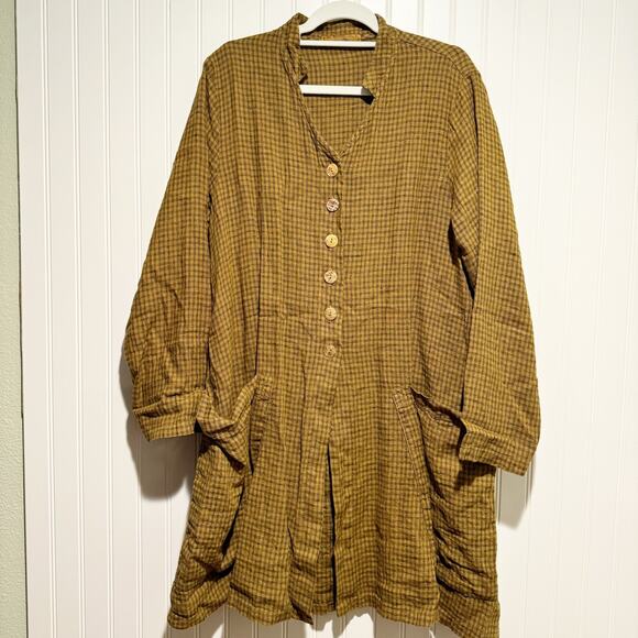 Cut Loose Swing Coat Morse Check Linen Brass Lagenlook Size Medium - Picture 2 of 8